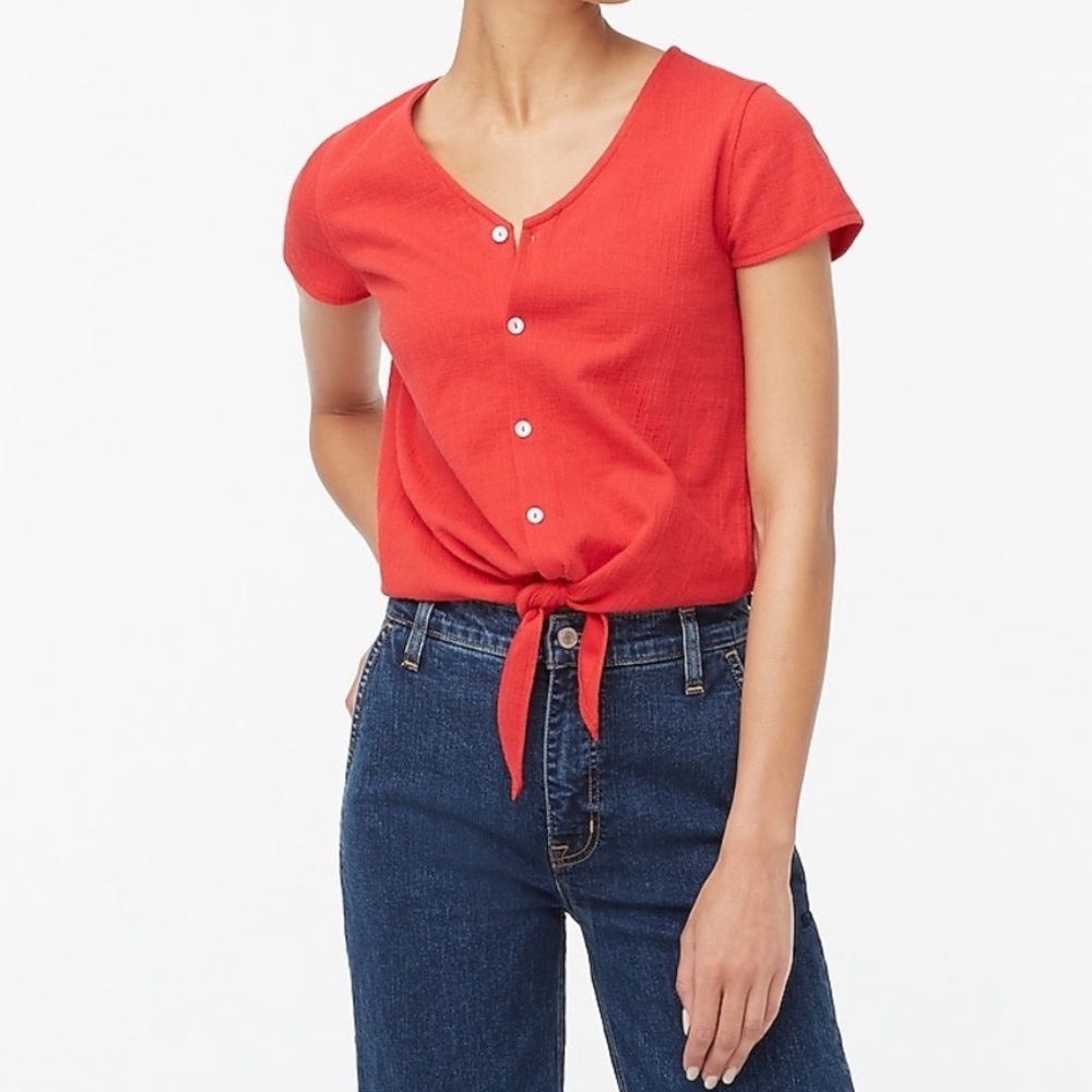 J. Crew Factory Tie Front Textured Top Buttons Red Summery Flirty Blouse Shirt